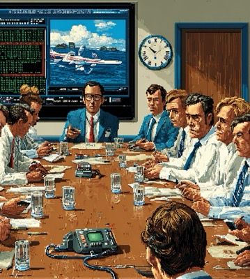 80s Silicon Valley environment illustration, high-stakes VC pitch meeting room, long conference table with VCs along one side, single founder seat on opposite side facing tribunal, projection screen showing pitch deck frozen on hockey stick, water glasses untouched due to nervous dry mouth, clicker in founder's hand slightly trembling, VCs in various states of attention - checking phones typing bored, one VC leaning forward interested creating hope, harsh overhead lighting making founder sweat visible, clock on wall suggesting time running out, door behind founder representing escape or rejection, whiteboard with previous pitch residue hastily erased, 80s high-stakes meeting aesthetic, editorial illustration style, five minutes to change everything or nothing energy --chaos 5 --ar 9:16 --profile pcokcx1 --v 7 Job ID: 4973e194-2e41-4793-9ede-ff681d6a8a40